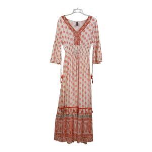 Me 2 Magic White Orange Printed Maxi Dress Small Tasseled Metallic Bohemian